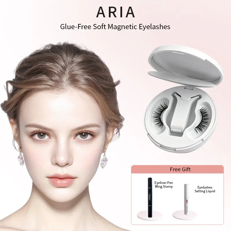 ARIA Glue‑Free Soft Magnetic Eyelashes Kit, Reusable 3D Natural False Lashes, Easy 3‑Second Application, No Lash Glue Required, Comes With Storage Case, Wing Stamp Eyeliner Pen & Setting Liquid Gift, For Daily Dating Party Makeup