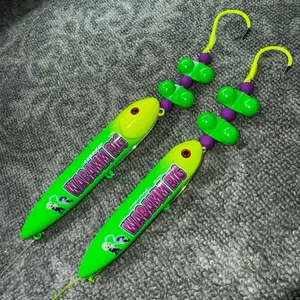 The Wabamm Large & Small 2 Pack:  Wabamm large (13cm) tied on 6/0 fluorescent yellow hook and Wabamm small (11cm) tied on 4/0 yellow fluorescent hook, both on yellow mono leader line white glow hook and smoke blue 100 pound leader lines