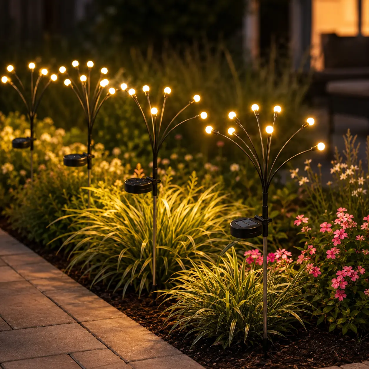 Solar Garden Lights Stake Packs - 4/8-Pack Waterproof Outdoor Stake Lights, Flexible Stems, Auto On/Off Dusk-to-Dawn Firefly Glow, 32/64 LEDs for Garden & Landscape Decor