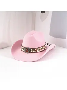 Sweet Cool Western Felt Cowboy Hat Retro Amber Embroidered Hat Strap Fashion Sun Hat Valentine's Day Gift Preferred