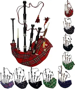Scottish Bagpipe Rosewood Black Finish with Silver Plain Mounts Free Tutor Book, Carrying Bag, Drone, Reeds Scotland Tartan