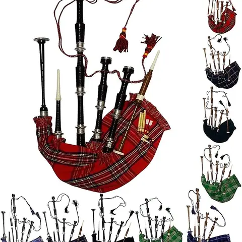 Scottish Rosewood Bagpipe Full-Size Kit (Rosewood Body, Black Polish Finish) - Silver Plain Mounts, Airtight Cord, Cane/Synthetic Reeds, Drone, Practice Chanter, Scotland Tartan Carry Bag, 1 Assembly Guide, Includes Tutor Book, Smooth Bore Sound