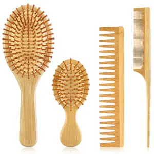 4 PCS Bamboo Hair Brush Set With Natural Wooden Wide-tooth and Tail Comb Big and Mini Paddle Detangling Hairbrush for Women men kids and Baby Thick Thin Curly Straight Dry springtok