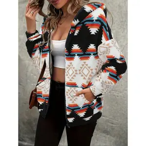 Women’s off-shoulder plush zip-up jacket with an ethnic pattern, autumn–winter casual long-sleeve hooded jacket, Japanese-style women’s jacket