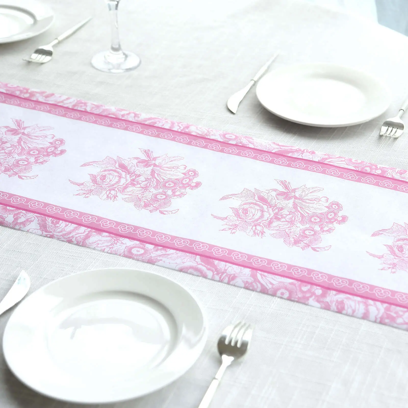 5-Pack Disposable Non-Woven Table Runners (11"x108"), White with Pink Floral Pattern, Non-Customised Stylish Decor for Event, Wedding, All Seasons Kitchen Dining Household Textiles