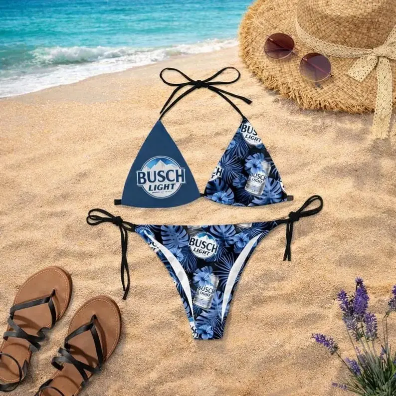 Busch Tropical Forest Matching Couple Swimsuit Set, Beer Lover Bikini for Women Navy Blue Halter Triangle Tie Side Swimsuit Funny Novelty Summer Beach Pool Party Vacation Bathing Suit Two Piece