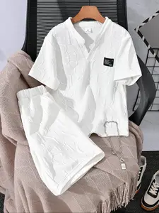 Two-Piece Set Boy's Letter Patched Top & Plain Shorts, Casual Short Sleeve Top & Shorts, Kids Summer Clothes for Daily Wear, Clothing Set