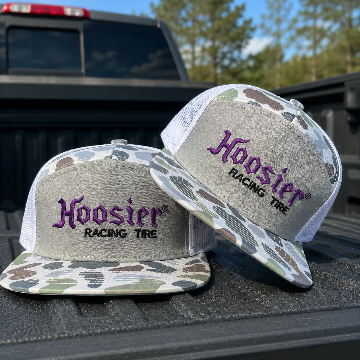 Hoosier Racing Tire Embroidered 7 Panel Trucker Hat, Black Mesh Snapback Cap, Flat Bill Racing Hat, Motorsport Gift for Men, Adjustable Cap