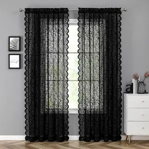 Black Sheer Lace Curtains 84 inch Vintage Floral Sheer Gothic Curtain Panels for Living Room Bedroom Luxury Light Filtering Drapes Black Window Treatment Sets Rod Pocket 2 Panels 54" Wx84 L, 02 blackout blinds