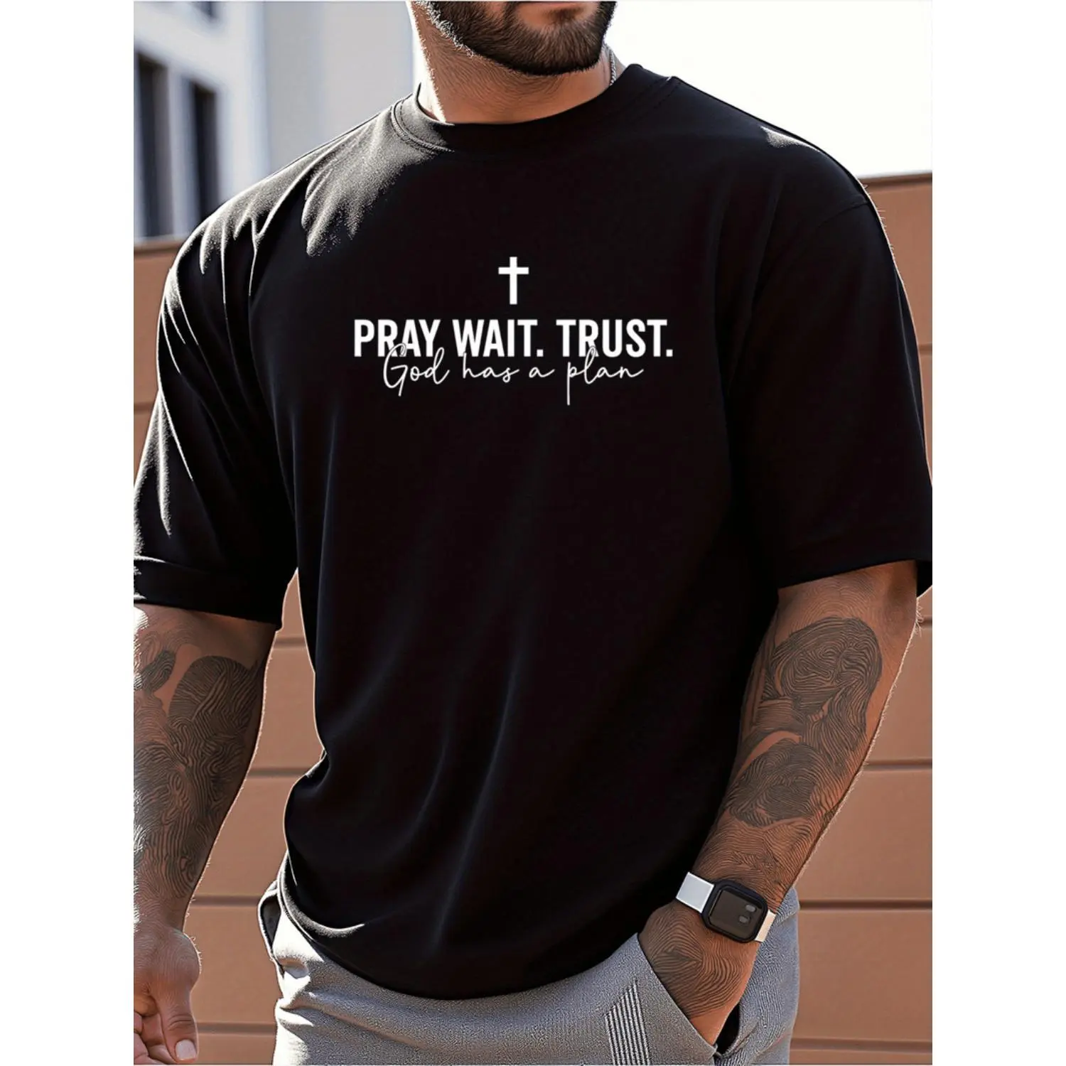 Faith Inspired Black  T-Shirt for Men with Pray Wait Trust God Print - Comfortable Loose Fit Short Sleeve Tee for Everyday Casual Wear and Outdoor Activities