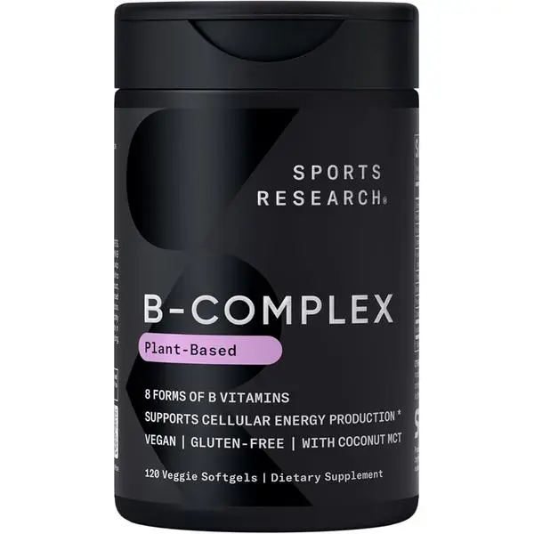 Sports Research Vitamin B-Complex - Full Spectrum of B Vitamins with Methylated B12 & Folate - Gluten Free · Plant-Based · Non-GMO · Vegan-Friendly Formula - 120 Veggie Softgels