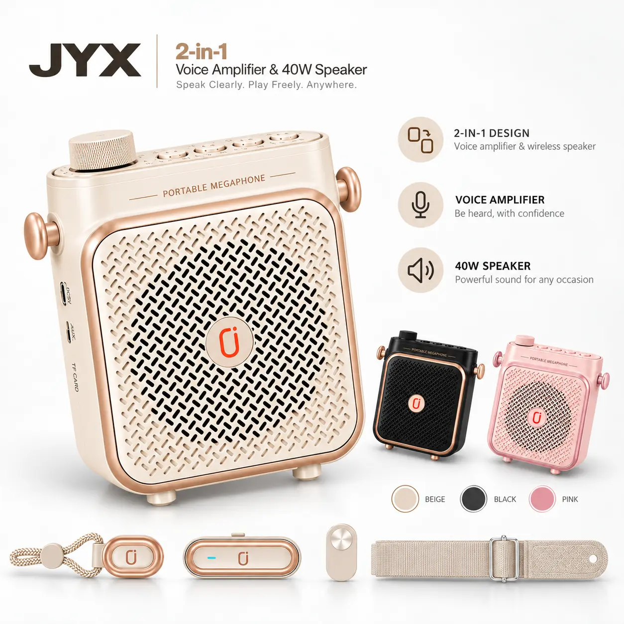 JYX 40W Portable Bluetooth Amplifier - Audio Device, 5.6 BT & AUX Speaker, Wireless Magnetic Clip Mic, DSP Anti-Howling, 65ft Range, 8H Rechargeable Battery, Portable Gadgets for Teaching, Outdoor Use