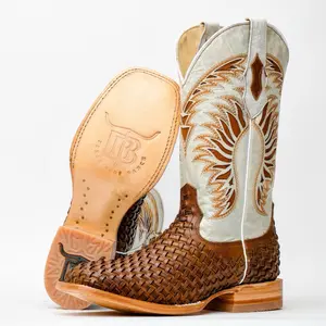 Tan Basketweave Leather Boots - Square Toe Tan Basketweave Leather Boots - Square Toe