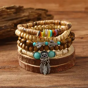 Vintage-Style Hand-Beaded Wooden Bead & Alloy Leaf Cactus Bracelet Set, Sports Wristbands for Active Use