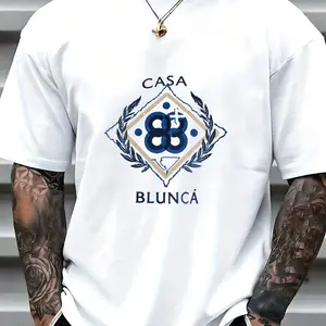 Modern Geometric Monogram "CASA BLUNCÁ" T-Shirt - Premium 100% Cotton Crew Neck Tee, Soft Breathable Fabric with Navy Blue & Gold Emblem Design, Casual Streetwear Style Perfect for Summer Days and Outdoor Activities