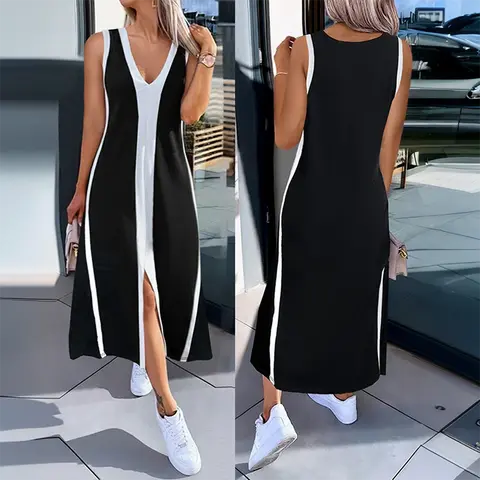 CHICME Women's Striped Sleeveless Plunge Neck A-Line Midi Dress, Casual Loose Fit with Slit Detail, Casual Wear for Everyday Style