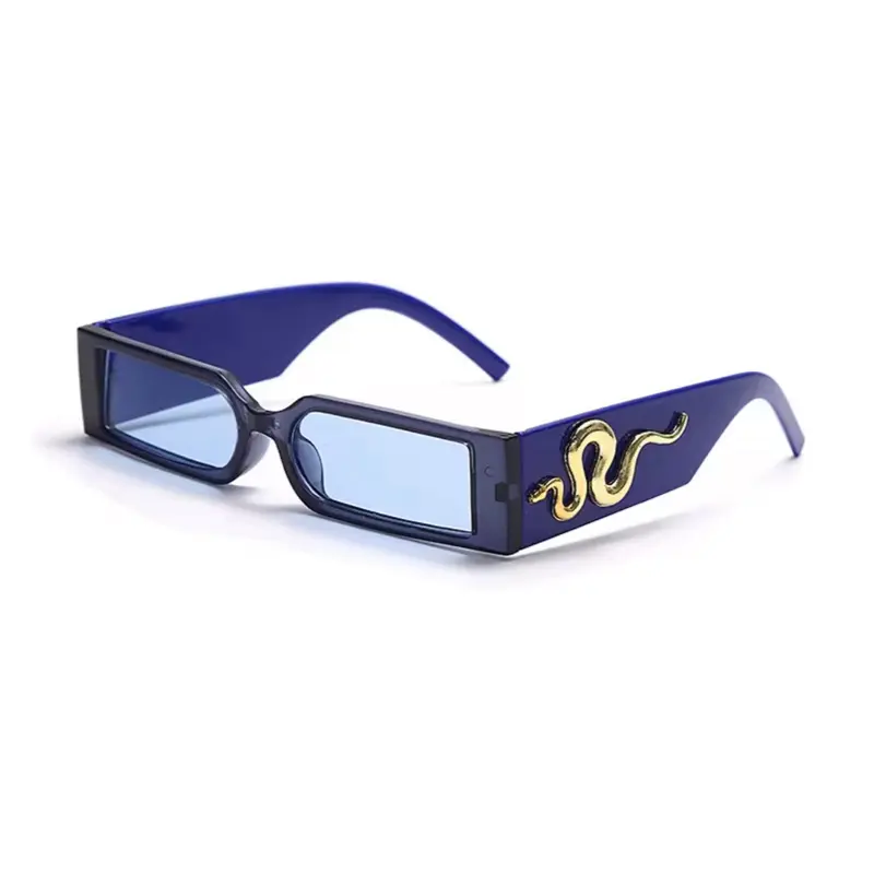 Turn heads with these bold rectangular sunglasses featuring sleek blue-tinted lenses and thick frames for a modern edge. The standout detail—a striking gold snake emblem on the arms—adds a touch of luxury and attitude to your look. Perfect for streetwear