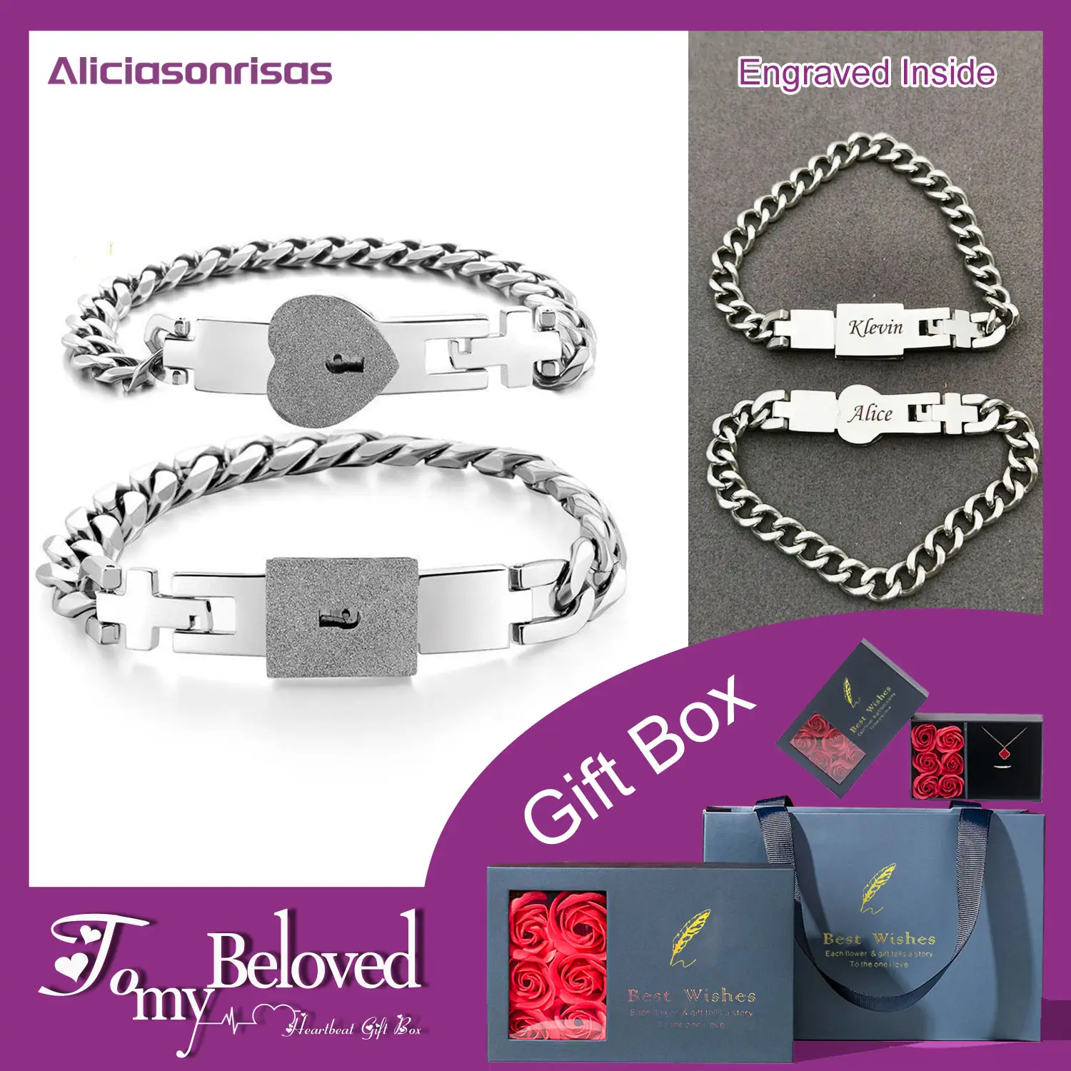 A-028 Customized Fashion Personality Heart Lock Bracelet Stainless Steel Couple Bracelet Holiday Anniversary Gift for Men and Women