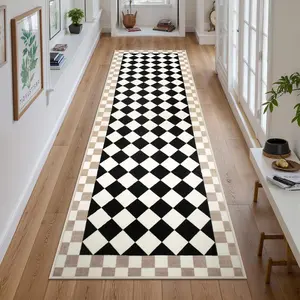 Classic Checkered Pattern Long Hallway Rug, Modern Runner Rug, Soft Plush Washable Non-Slip Carpet, Modern Home Decor for Living Room Bedroom Laundry Room, Machine Washable Rug