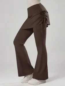 Women's Flared Yoga Pants with Skirt Layer & Side Drawstring, High Waist Stretch Dancewear for Comfort & Style, Stretchy High Waist