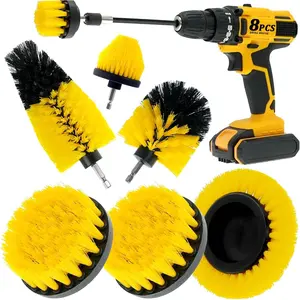 8 Pcs Drill Brush Attachment Set, Power Cleaning Scrub Brush Kit with Extend Long Attachment, All Purpose Drill Scrub Brushes For Car,Grout,Floor,Tub,Bathroom,Kitchen (Yellow)