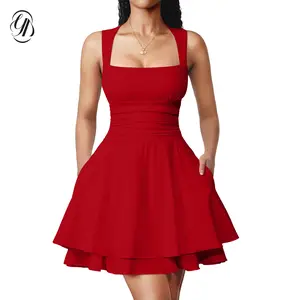 OYV Women's Square Neck Sleeveless Bodycon Ruched Waist Flowy A-Line Ruffle Hem Mini Dress with Pockets