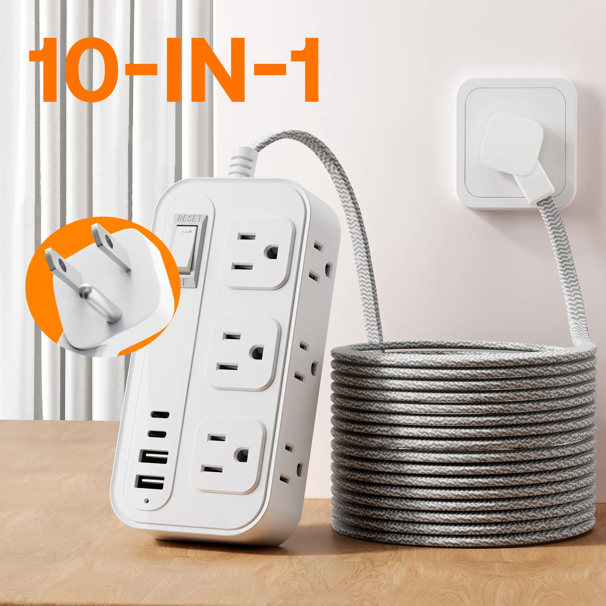 Rectangle Compact Surge Protection Power Plug Multi-Port Hub - 6 AC Sockets, 4 USB Ports (2 Type-C), 5ft/10ft Flat Braided Extension Cord, 110v-130v 1250w Power, Adjustable Charging Solution for Home/Office Floor & Tabletop Use, Electrical Accessories