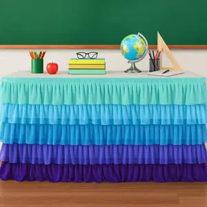 Teacher Desk Skirt 6ft x 30in Ruffle Table Skirt for Classroom 100D Chiffon Back to School Desk Curtain Teacher Table Decoration (Ocean Breeze)