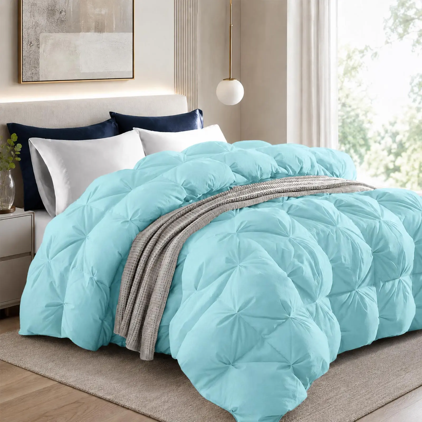 ThreeGeese Pinch Pleat Goose Feather Down Comforter – 100% Cotton Shell Goose Down & Feather Fill All Season Fluffy Breathable Duvet insert, Ethically Sourced Machine Washable OEKO-TEX Certified, White,Soft Warm Bedding