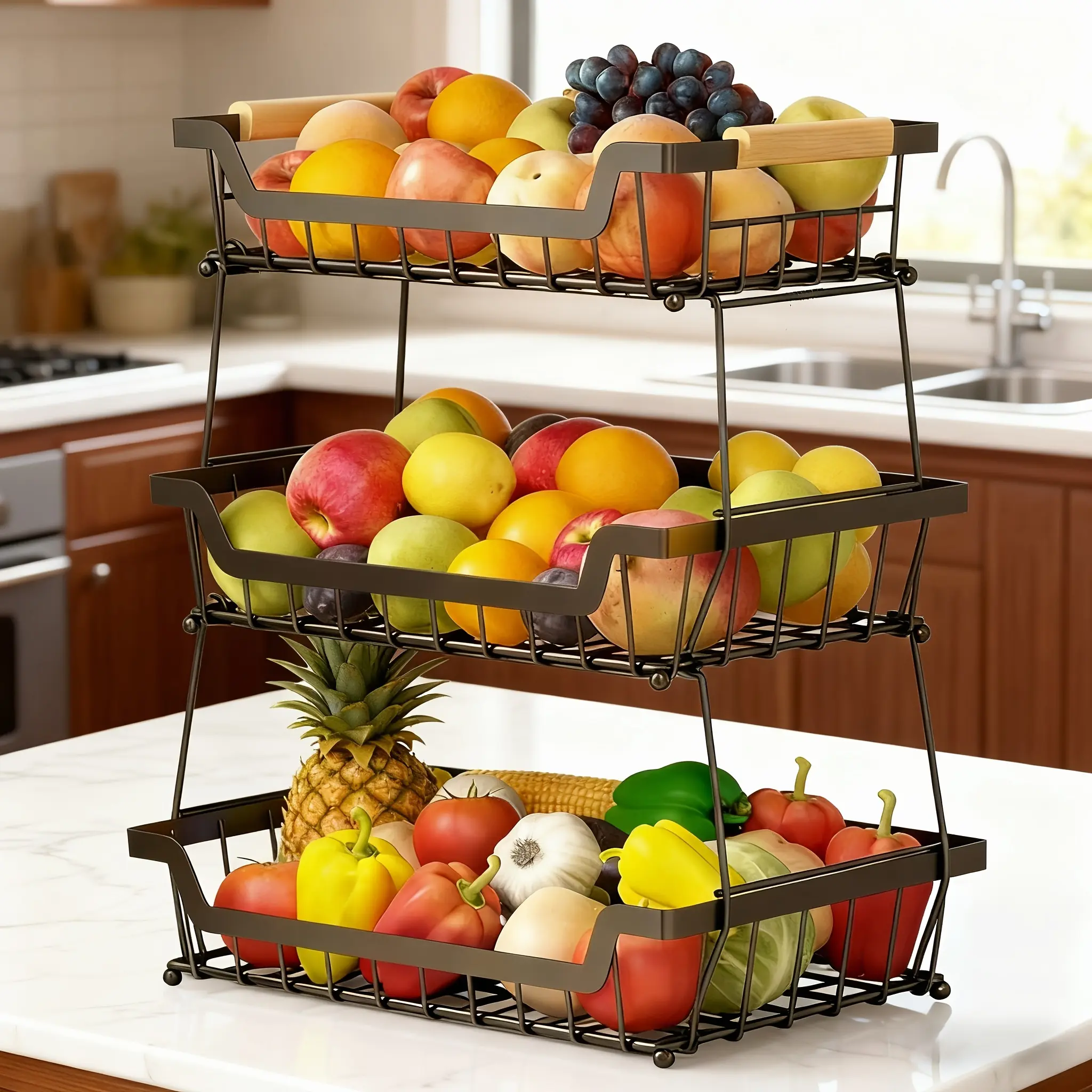 Large Capacity Metal Fruit Basket Removable With Banana Hook, Multifunctional Countertop Fruit And Vegetable Basket For Kitchen Countertops With Wooden Handles To Store Bread, Fresh Vegetables And Fruits, Perfect For Holiday, Gatherings And Parties
