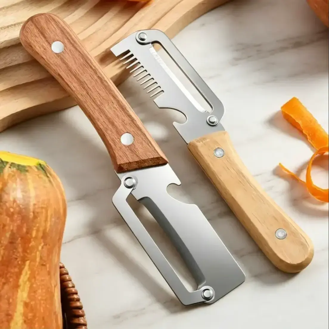 2PCS 3 in 1 Multi-Functional Kitchen Peeler – Ultra-Sharp Stainless Steel Vegetable and Fruit Peeler with Wooden Handle, Bottle Opener, and Julienne/Shred Cutter, Durable Kitchen Gadget