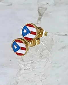Puerto Rico Studs - Gold Finish with Red, White & Blue Design, Featuring Puerto Rican Flag Pattern