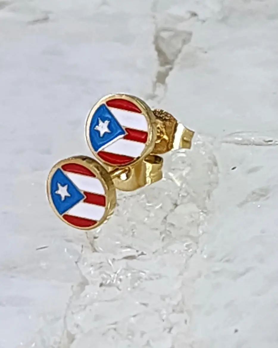 Puerto Rico Studs - Gold Finish with Red, White & Blue Design, Featuring Puerto Rican Flag Pattern