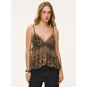 Chiffon Leopard V-neck Lace Trim Cami Top
