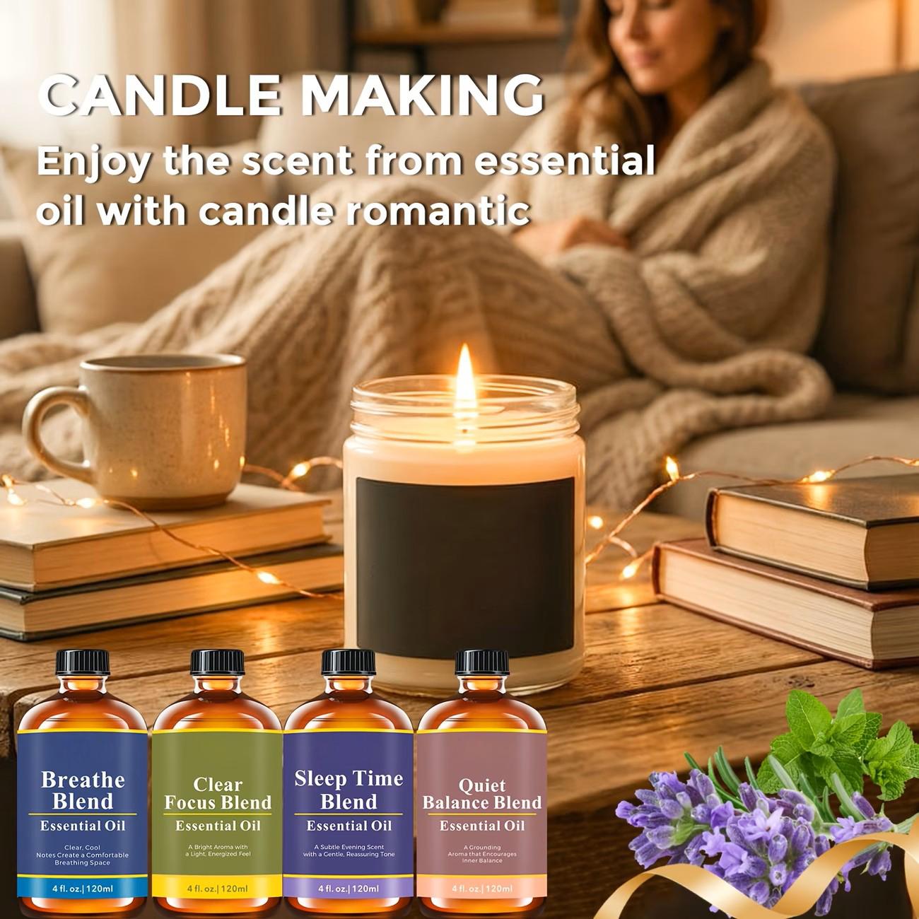 120ml/ 4oz Essential Oil Blend: Breathe, Sleep Time, Clear Focus, Quiet Balance Essential Oil for Humidifiers, Diffusers, Candle, Perfume Spray, Soap Making, Flavored Air | Yoga, Sleep, Meditation