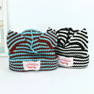 Cute Striped Cat Ears Knitted Beanie Hat,  Casual Y2K Soft Comfortable Funny Hats, Warm and Stylish Beanies for Women & Men Spring Fall 2026 Knitwear Cozy slouchy beanie hat 2000s