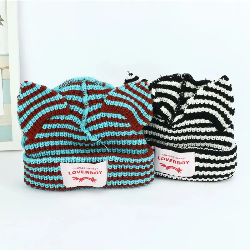 Loverboy Cute Striped Cat Ears Knitted Beanie Hat Casual Y2K Soft Comfortable Funny Hats Warm Stylish Beanies for Women Men Spring Fall 2026 Knitwear Cozy Slouchy Beanie Hat 2000s