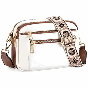 Trendy Vegan Leather Crossbody Bag with Floral Embroidered Strap Lightweight Adjustable Strap Everyday Shoulder Purse Messenger Bag for Comfort and Convenience