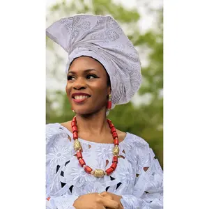Adjustable Pre-tied White Adupe African Aso oke Autogele head wrap-DPAWS43