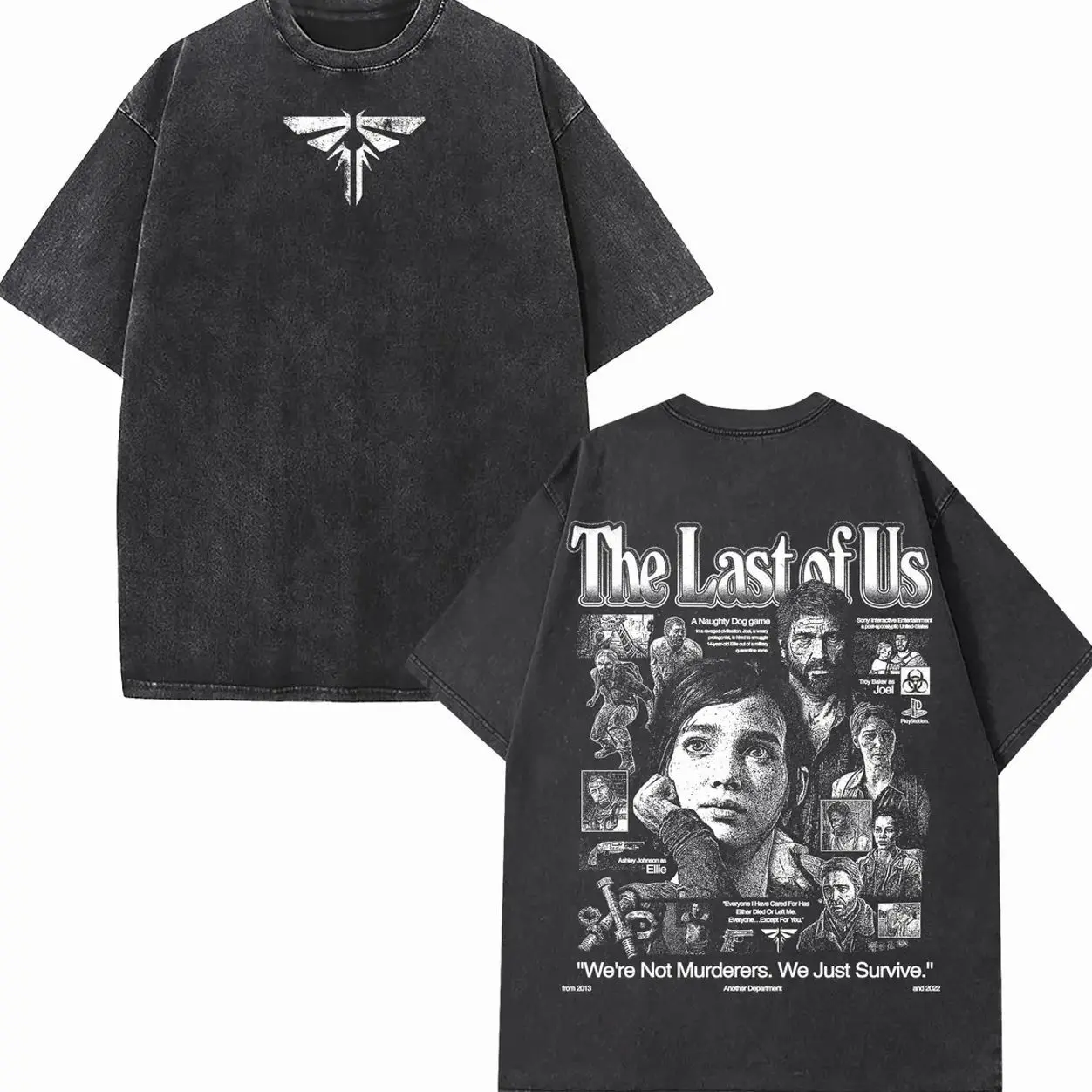Vintage The Last of Us - Ellie Joel T-shirt Men's Washed Top, Unisex TLOU Game Shirt Fabric Menswear Collar Tshirt Streetwear Seamless Clothes Oversized Gamis B4X