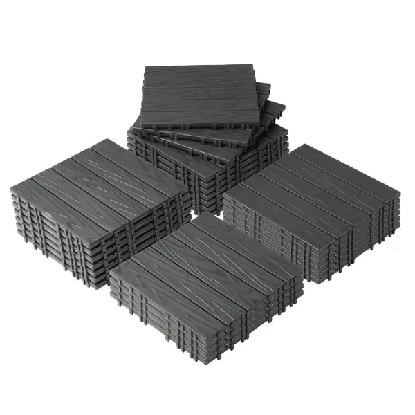 27-Piece Dark Grey Wood Grain Plastic Interlocking Deck Tiles (11.8" L x 11.8" W x 0.8" H) - Lightweight, Tool-Free Snap-Together Flooring, Waterproof, Anti-Slip, Drainage Channels Water Away, Prevents Pooling for Patios, Balconies
