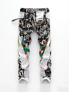 Men's Trendy Graphic Design Straight Leg Jeans baggy jeans for men Denim Trousersgraphic jean Menswear Man Trouser Pants Streetwear Denim Slim Stretch fashionable Wash Jeans chicago tikok shop finds Distressed Graffiti Print Classic patchwork
