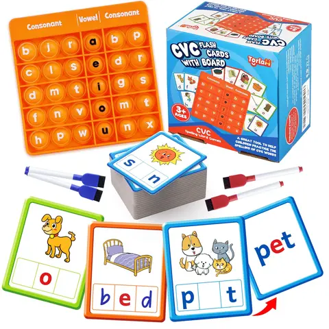 Torlam Color-Coded Language Learning Flash Cards - 120 Activity Cards, CVC Sound Mapping, Phonics, Sight Words, 2-Level Learning, 2-Level Vowel Focus, Decoding Skills, Erase & Redo Tools for Toddlers, Preschool Homeschool Supplies