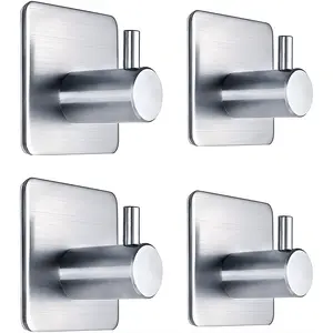 Heavy Duty Adhesive Towel Hooks 4-Pack Waterproof Stainless Steel Wall Hooks, No-Drill Self-Adhesive Robe, Coat, Hat & Towel Hangers for Bathroom, Bedroom, Kitchen & Home Organization