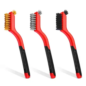 Wire Brush Set, 3 count Stainless Steel/Brass/Nylon Wire Brushes for Cleaning with Curved Handle Grip for Rust Removal, Dirt,  Scrubbing(Red)