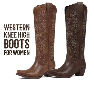 CELNEPHO Knee High Boots for Women Pointed Toe Chunky Block Heel Chic Western Embroidered Boot Easy Pull on Cowgirl Boot Western Wedding Gift Horse Riding Dress Shoes