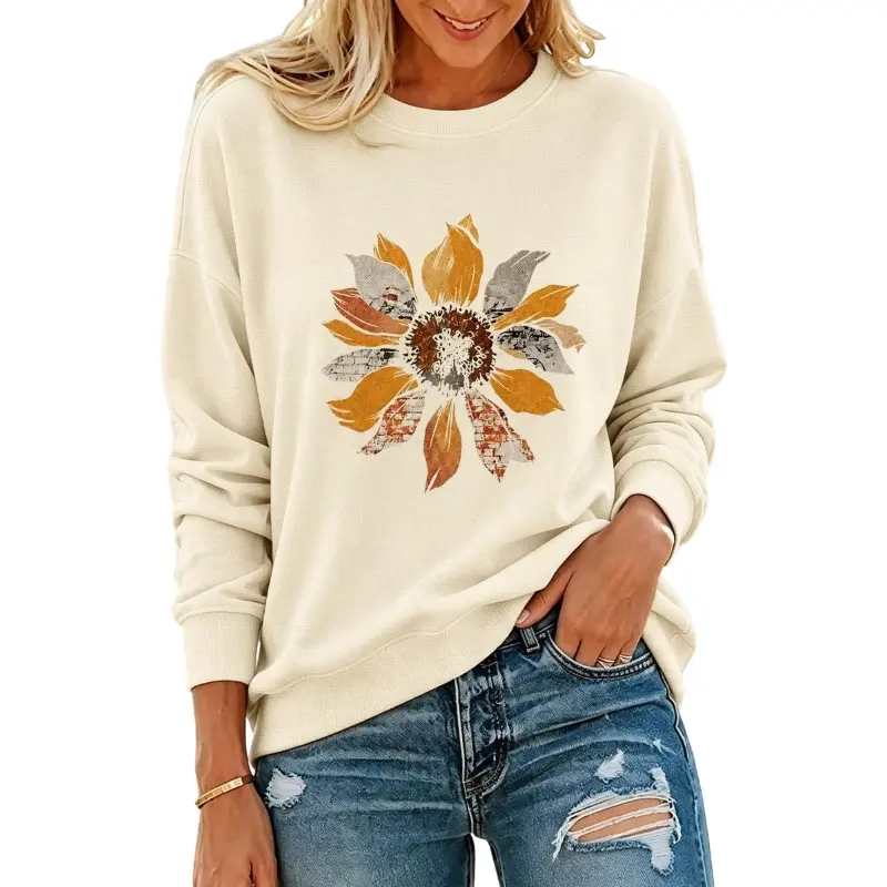 Flamingals Sunflower Print Round Neck Long Sleeve Sweatshirt