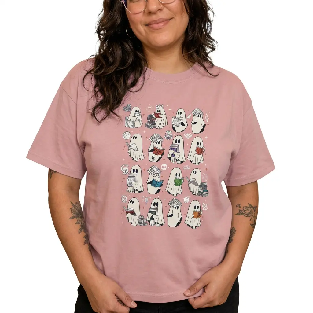 Bookish Ghost Graphic Tee Women Plus Size Cute Reading Spooky Halloween Shirt