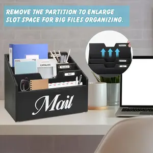 Mail Organizer Countertop, Mail Holder with 4 Slots, Mail Sorter for Desk, Wooden Office Desk Organizer, Mail Organizer for Magazines, Files, Papers, Folders, Rustic White and Black Free Gift