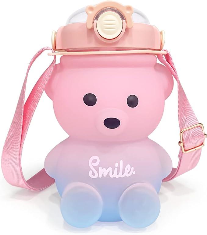 Cute Bear Water Bottle with Strap and Straw, 32oz Kawaii Water Bottles, Leak-proof Plastic Drinking Cups Camping Picnic Hiking Travel